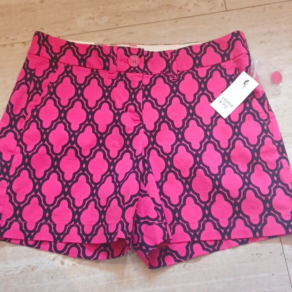 New Crown & Ivy Pink/Navy Design Print Shorts - Picture 1 of 9